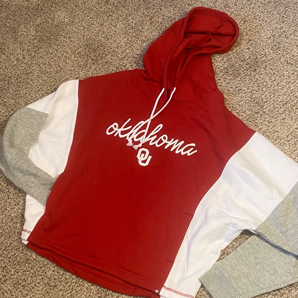 Fanatics Ladies Oklahoma University ColorBlock Oversized Crop M Red Hoodie NWOT